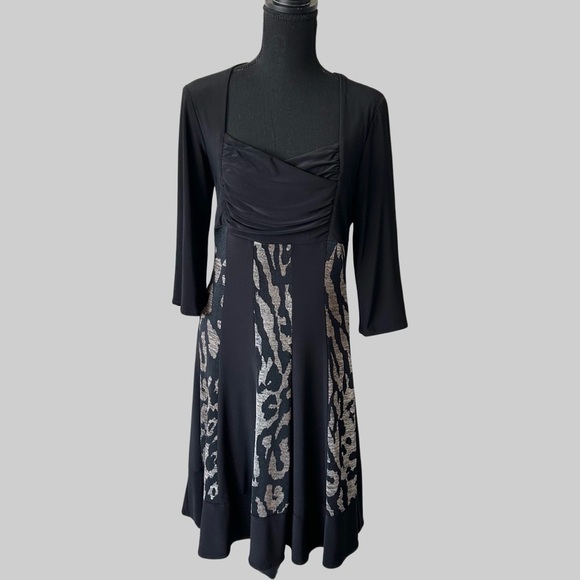 Frank Lyman Black and Leopard Print Square Neck Jersey Dress - Picture 1 of 13
